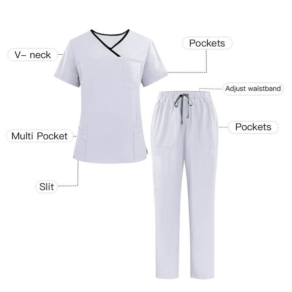 Scrub Suit: Men's Solid Color V-neck Pocket Caregiver Short Sleeved Shirt Elastic Pants Nurse Uniform Sets