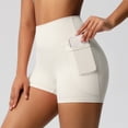 thumbnail image 2 of Women's High Waisted Yoga Shorts with Pockets – 3" High Stretch Tight Athletic Shorts for Running, Workout & Fitness, Side Pocket for Phone, Tummy Control Booty Lift Beige L, 2 of 8
