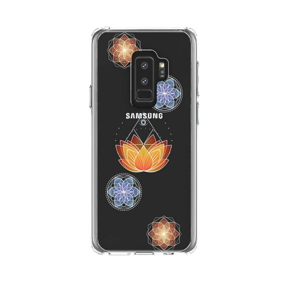 DistinctInk Clear Shockproof Hybrid Case for Samsung Galaxy S9  PLUS (6.2" Screen) - TPU Bumper, Acrylic Back, Tempered Glass Screen Protector - Lotus Flower and Mandalas
