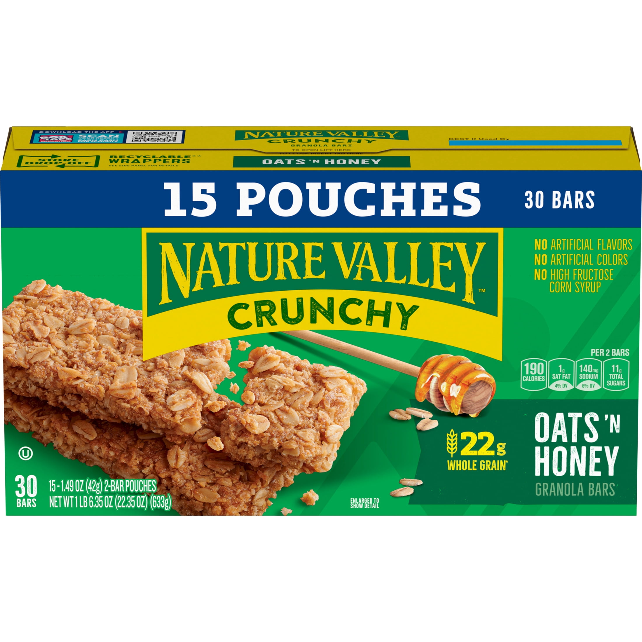(6 pack) Nature Valley Crunchy Granola Bars, Oats 'n Honey, 30 Count, 22.35 oz (15 Pouches)