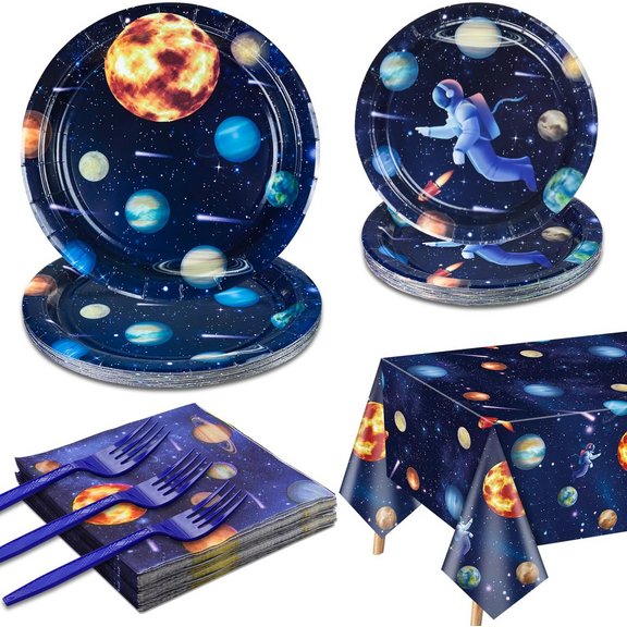 Outer Space Party Supplies for 20 Guests, Include Astronaut Planet Paper Plates, Napkins, Forks, Outer Solar System Tablecloth for Kids Birthday Party Solar System Theme Party Decorations