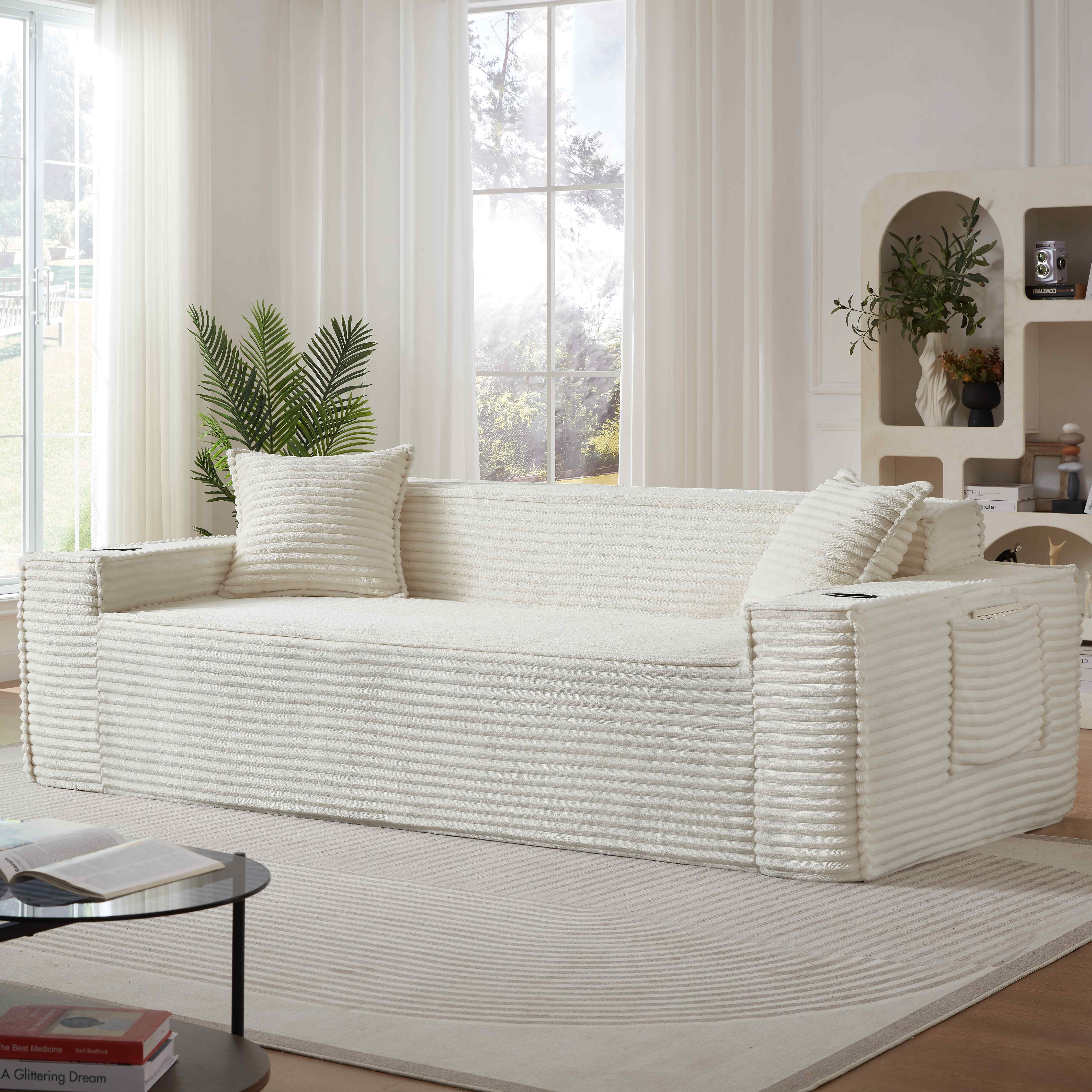 FFH 80.7" Corduroy Sofa, 3 Seater Boneless Cloud Couch for Small Living Rooms, Apartments and Offices, White
