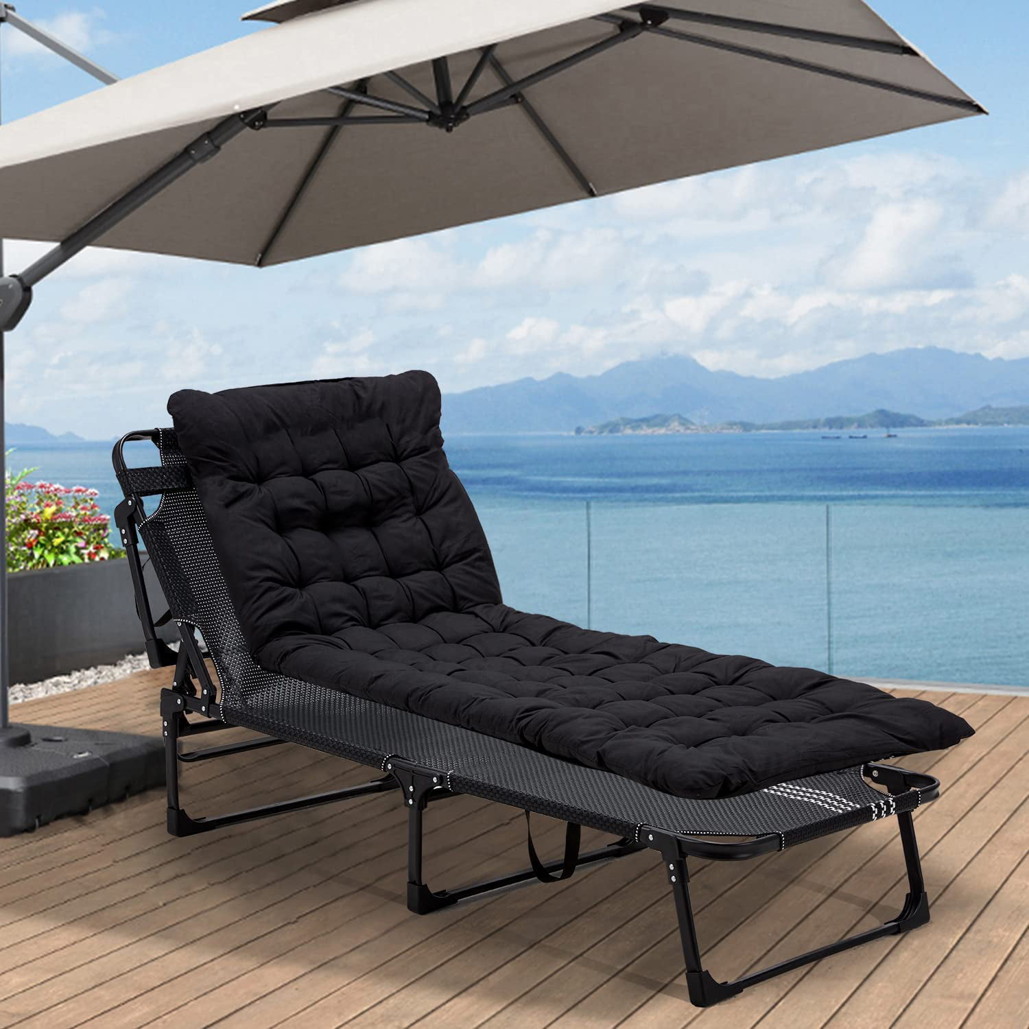 Yoleny 4-Fold Portable Folding Chaise Lounge Chair,Camping Cot, Support 400lb, with Pillow and Mattress, Adjustable Patio Recliner for Garden Beach Outdoor/Indoor (Black)