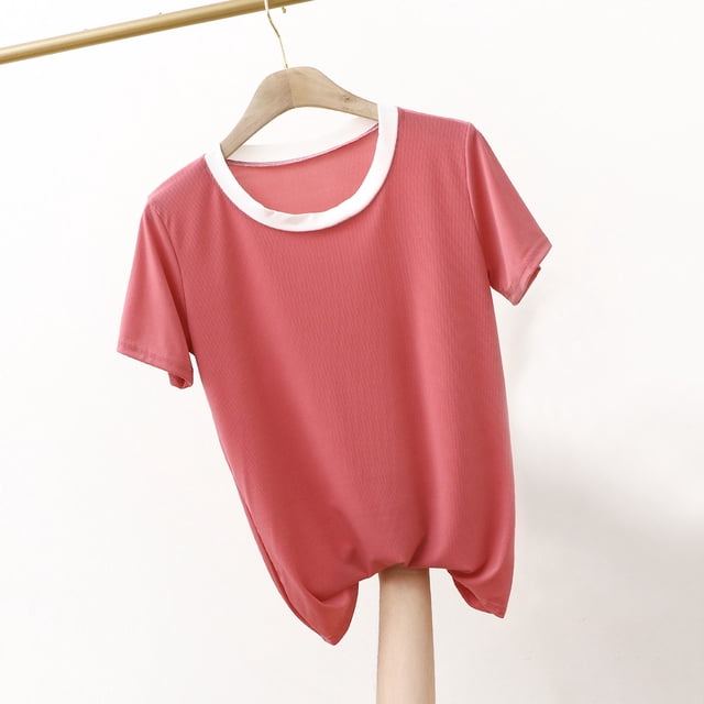 Fiudx Camisetas para Mujer Camiseta Holgada de Manga Corta de Color Sólido con Cuello Redondo para Mujer Top/Camisa de Cuello Redondo de Manga Corta