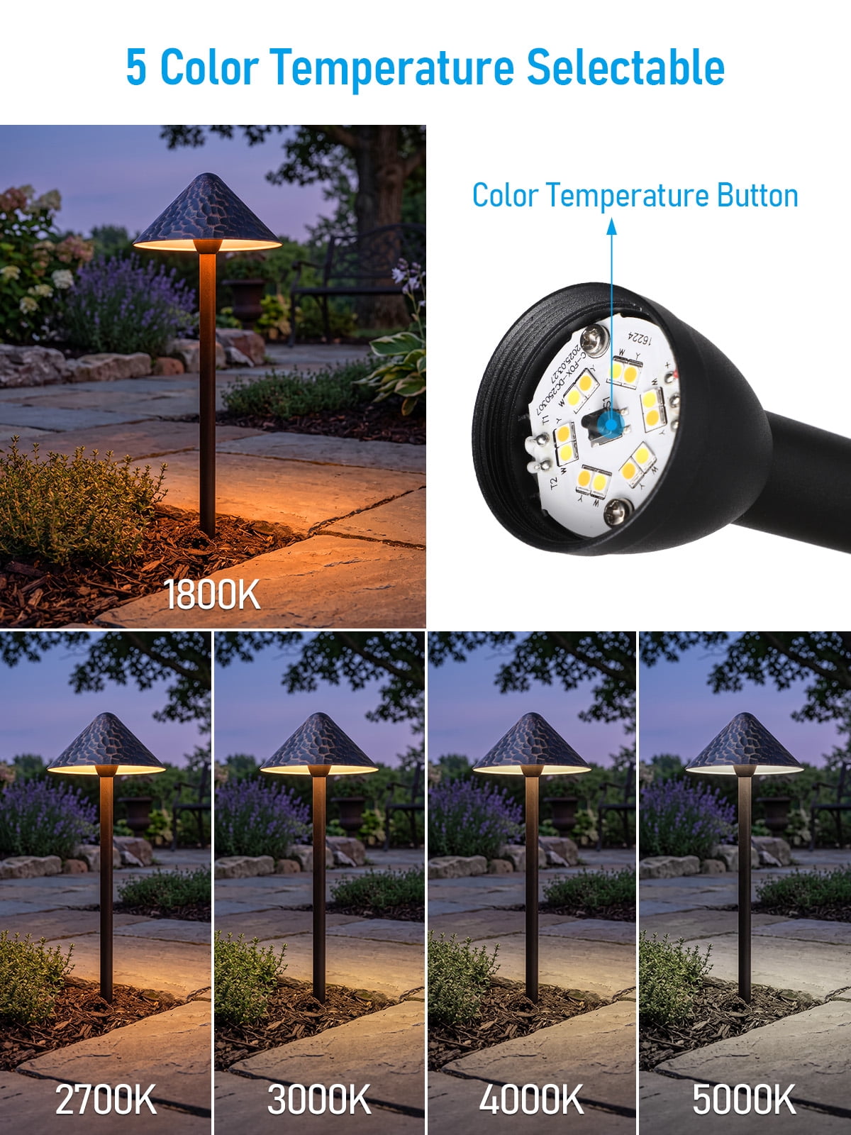 4 Pack 12-24V AC/DC 3W 5CCT LED Landscape Lights, Waterproof Pathway Lights, Rustic Style, Aluminum Housing, CRI90+, ETL Listed, 1800K/2700K/3000K/4000K/5000K Selectable