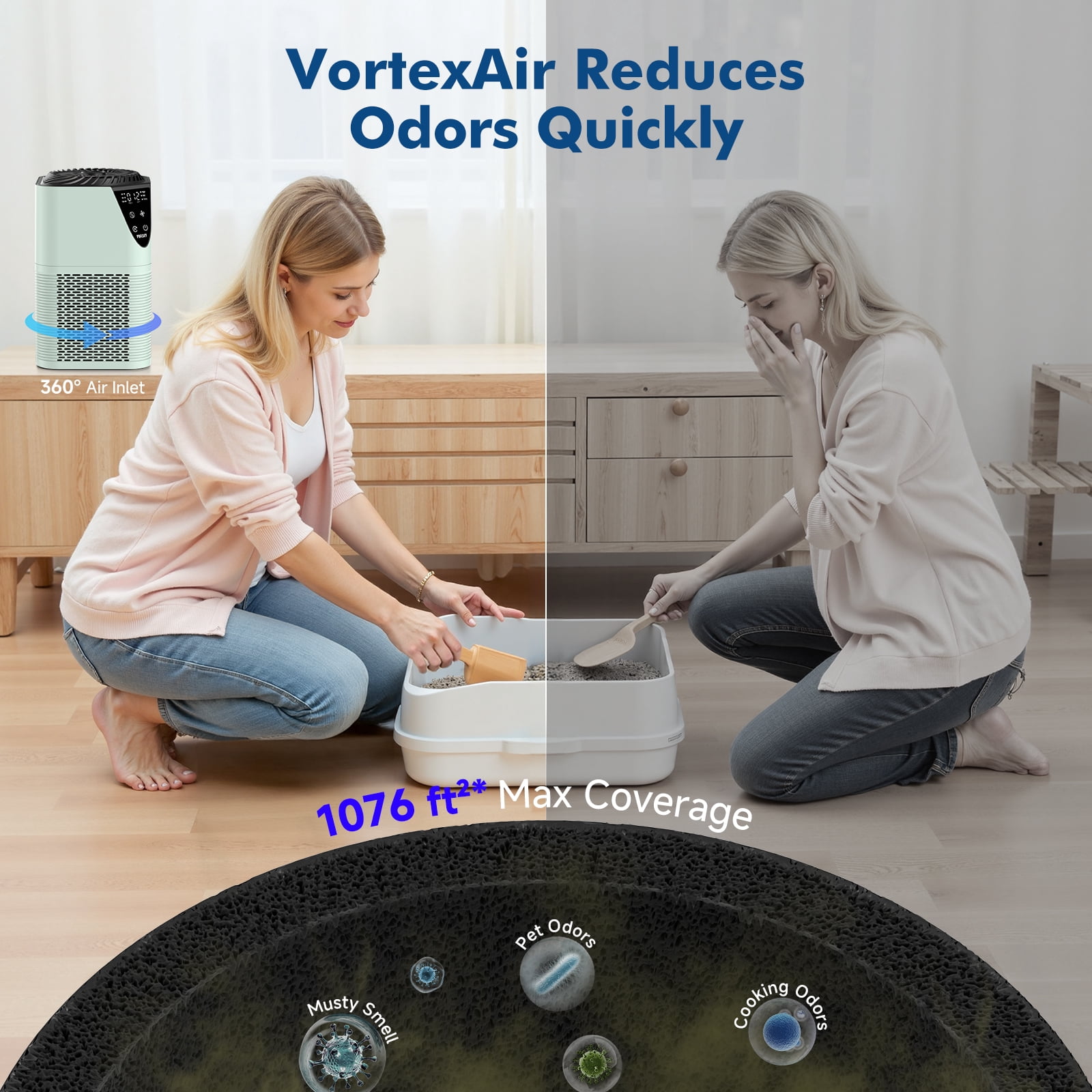 PRASKY Air Purifier for Home 1076 Sq Ft Coverage, True HEPA Filter for Pets, Smoke & Allergies | Quiet & Portable for Bedroom/Living Room (Green)