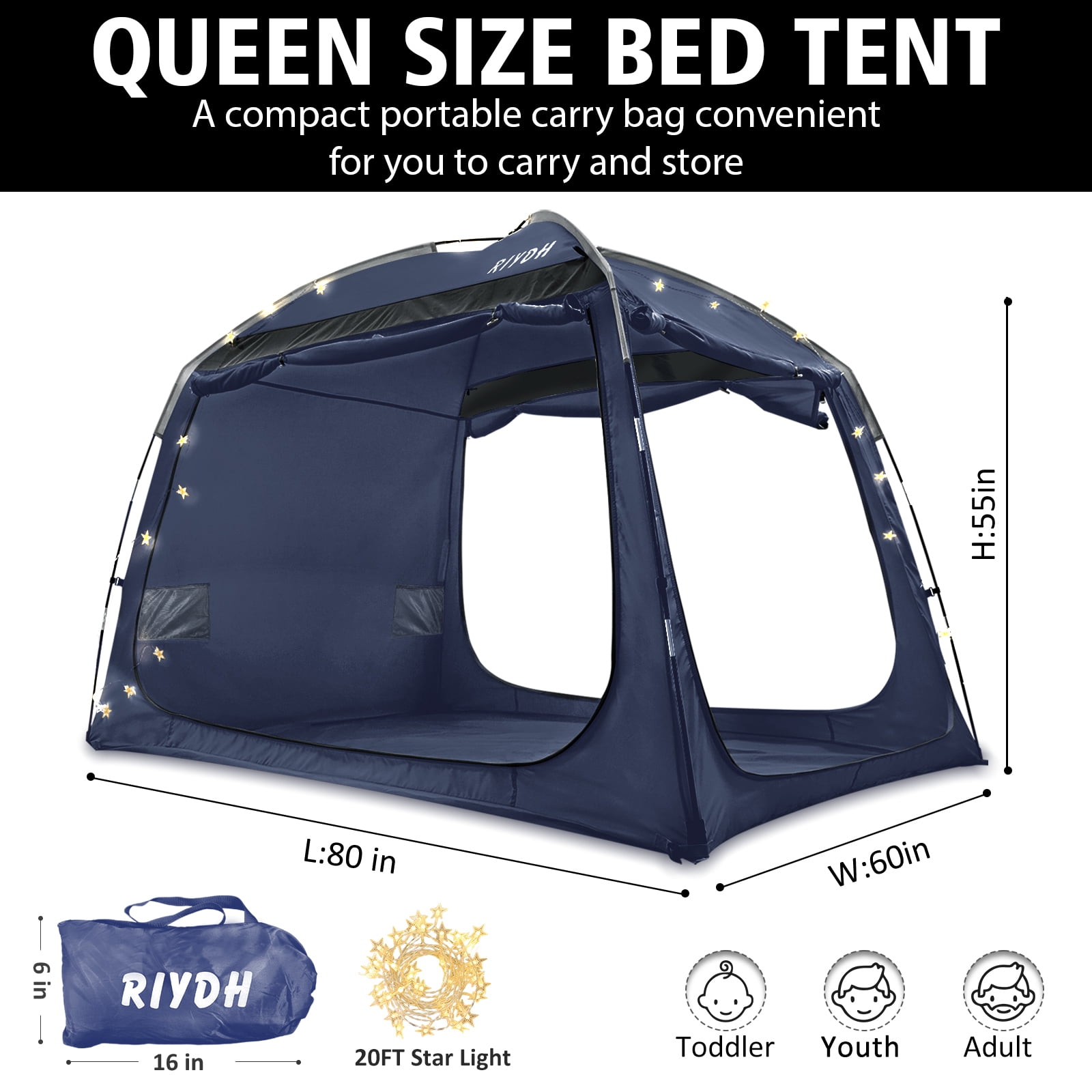 Bed Tent Bed Canopy Breathable 100% for Adult and Kids Light Reduction Sleeping Dream Tents Indoor Portable Big Space with String Light 3 Doors Twin Full Queen Size