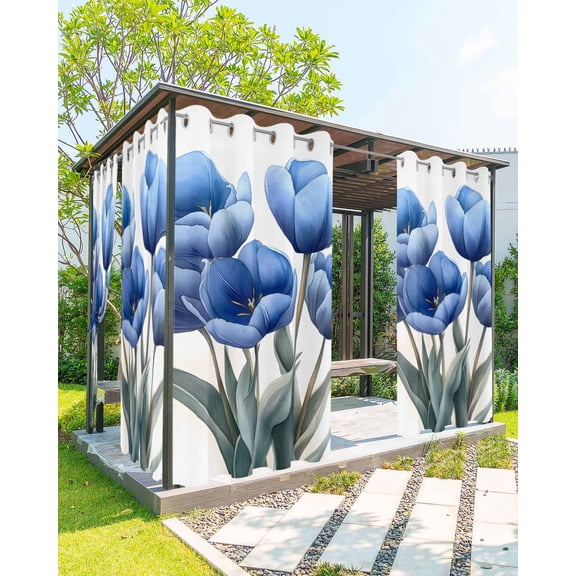 nqOlkjepod Outdoor Curtains for Patio Waterproof, Blue Spring Floral Outdoor Privacy Panels Grommet, Tulip Botanical Blooms Watercolor Blackout Outside Curtains for Porch/Cabana 54"x84", 1 Panel