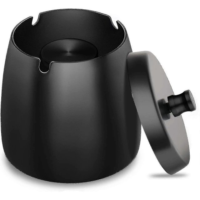 Stainless Steel Ashtray With Lid Heavy Storm Wind Non-slip Base For Outdoors And Indoors Black For Cigarette Remains And Ashes In Garden Bar Office