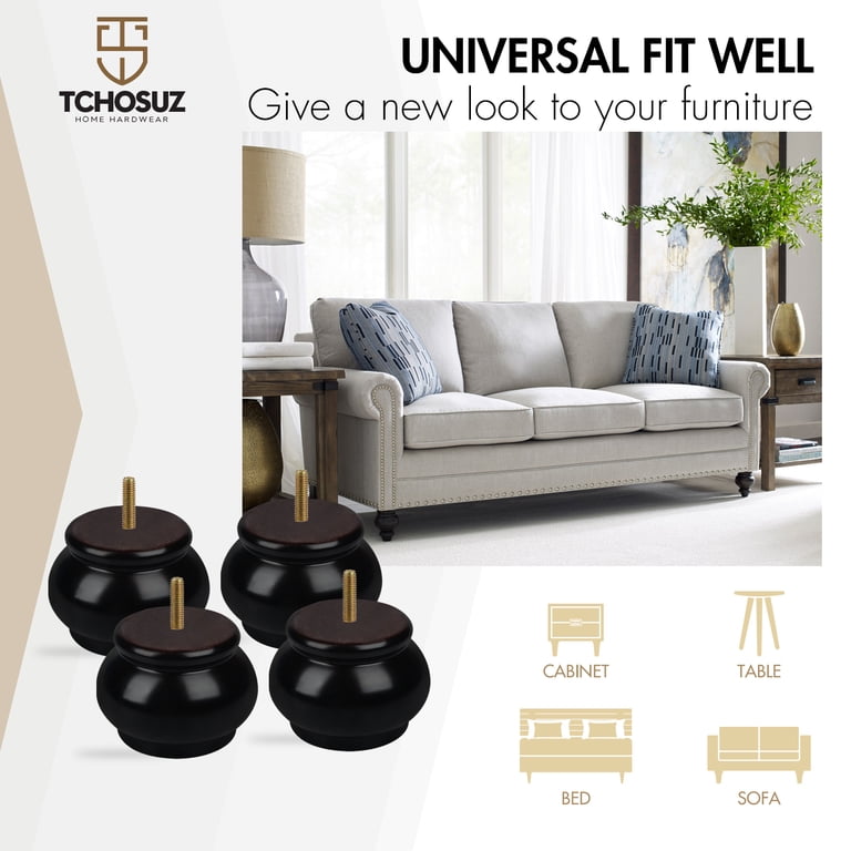 4-Pack Plastic Furniture Legs – Black Round Sofa Replacement Feet With M8 Plate Nuts,  For Couch, Table & Cabinet