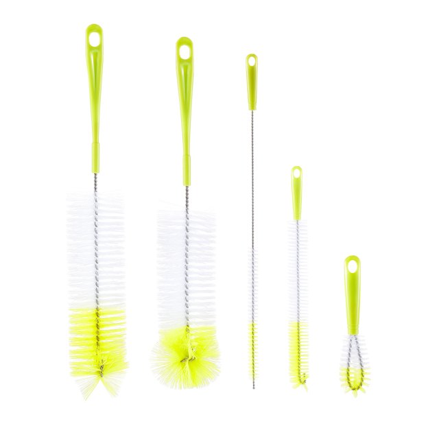 sayoo juego de 5 limpiadores de cepillos para botellas, conjunto verde claro con mangos largos: dos cepillos grandes de cerdas blancas y núcleo de alambre, un cepillo estrecho, una varilla fina y un cepillo cónico pequeño; mangos de plástico con orificio para colgar y diseño para drenar, materiales plástico y alambre visibles. También apto para limpiar termos o teteras pequeñas.