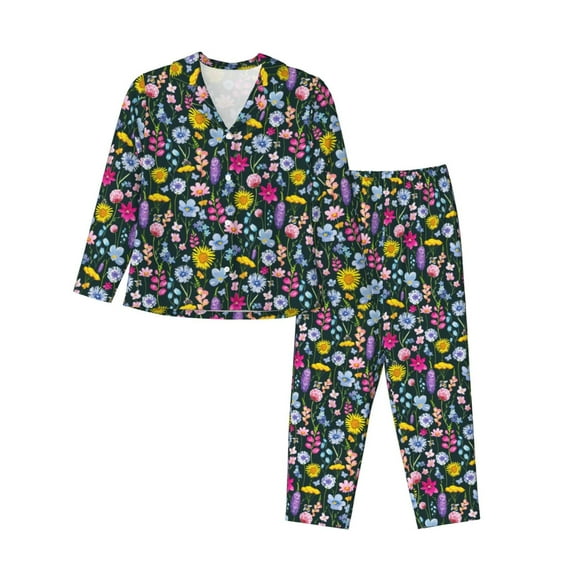 Vsdgher Watercolor Meadow Flowers Pajamas Set Long Sleeve Sleepwear Womens Button Down Nightwear Pj Sets-Small