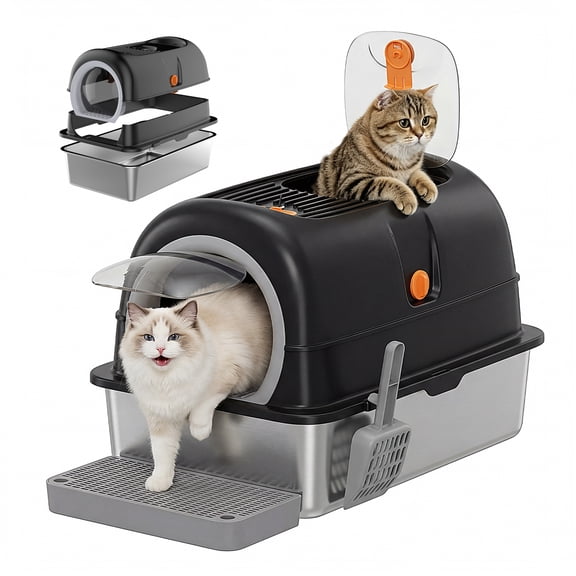 EDX Stainless Steel Litter Box with Lid, All-in-One Enclosed Cat Box, Dual Entry, Odor Control, Scoop & Step Board for Various Cats, XL Litter Pan Black
