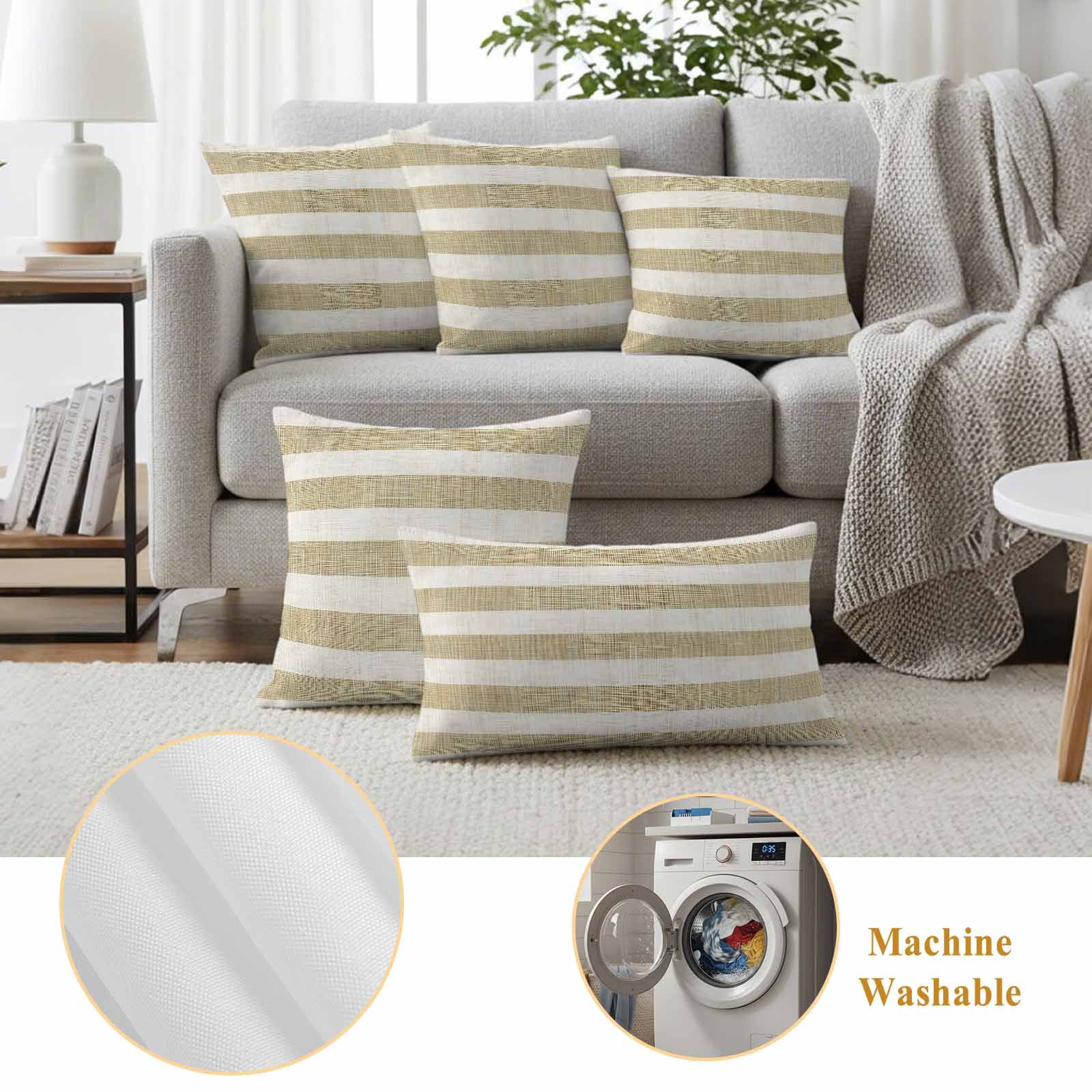 Cream Striped Outdoor Waterproof Pillow Covers, Farmhouse Vintage Brown Stripes Decorative Rectangle Throw Pillowcase Sofa Cushion Sham for Patio/Couch/Chair, 20"x12" 2 Pack