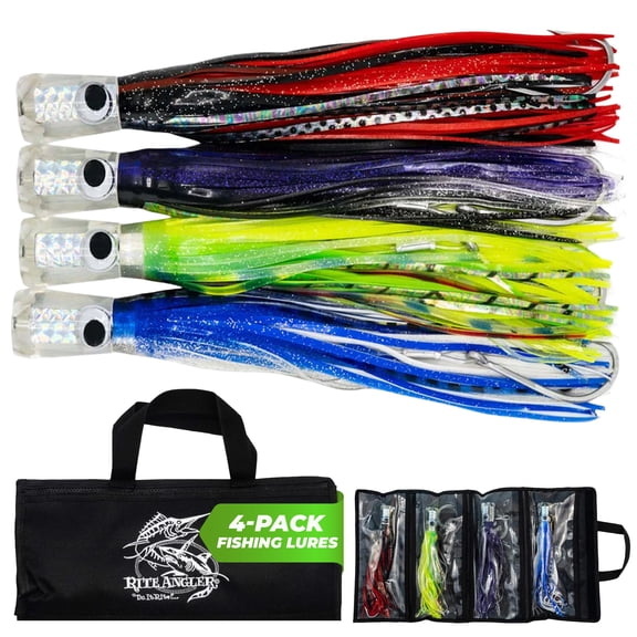 Rite Angler 11″ Chugger Jet Head Trolling Lures Set of 4 Teasers in Carrying Case for Saltwater Offshore Big Game Fishing