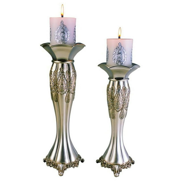 12"/14" Traditional Royal Silver Metalic Candle Holder Set
