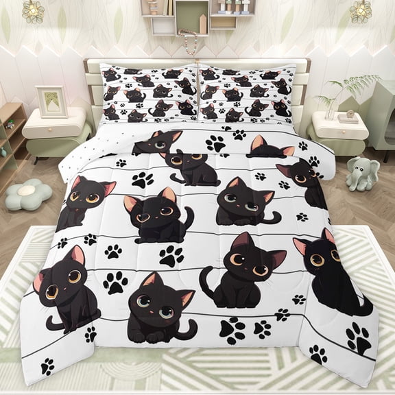 Feelyou Kawaii Black Cat Twin Comforter Sets, Cartoon Kitten Animal Bedding Set, 2pcs