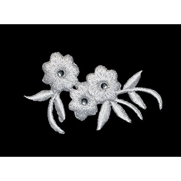 2.25" x 1.25" White Embroidered Floral with Rhinestone Iron On or Sew On Applique Patch (2 Pieces)