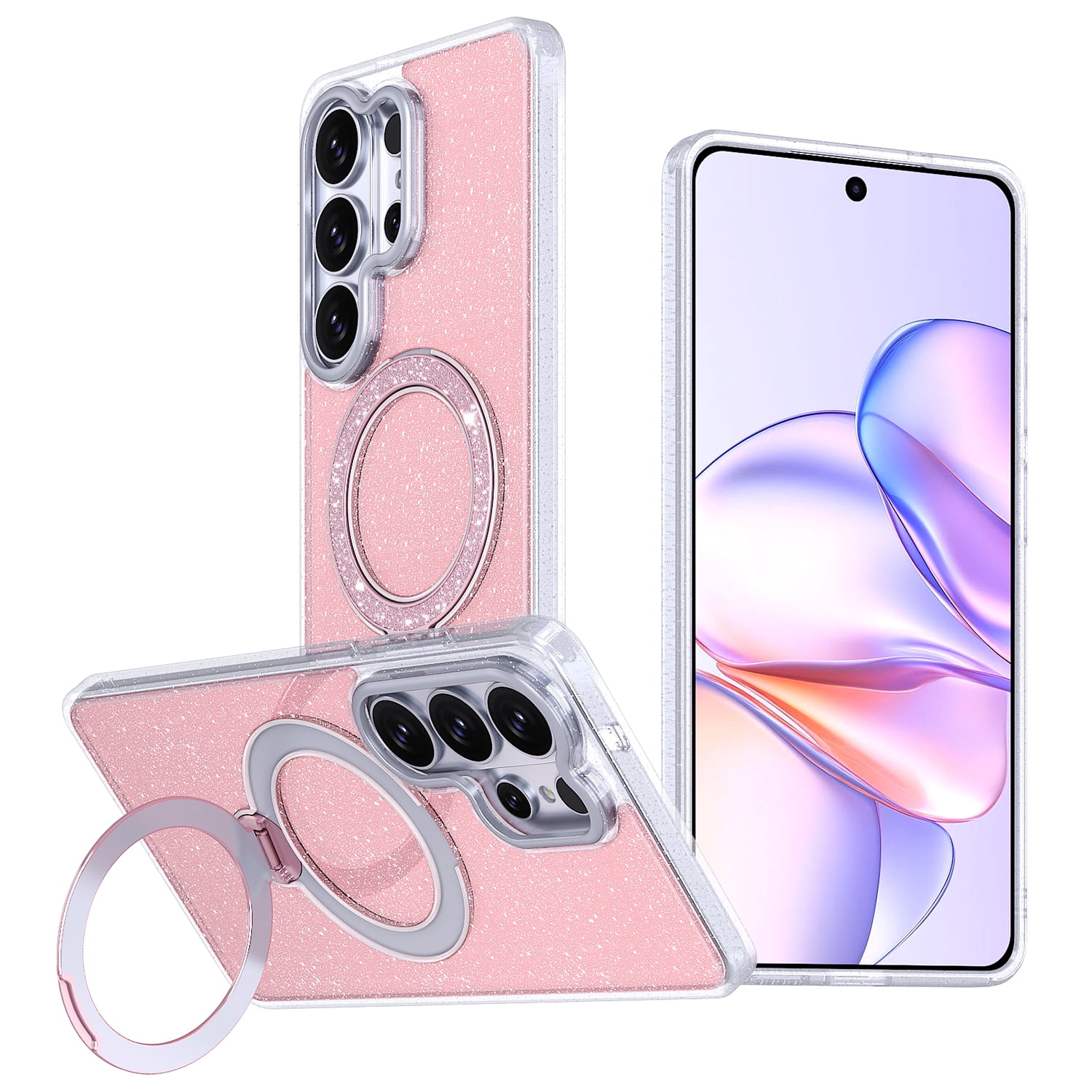 for Samsung Galaxy S26 Plus Magnetic Glitter Case with 360° Spining Ring Kickstand Ultra Slim TPU + PC Shockproof Anti-Scratch Lightweight Drop Protection Phone Case for Galaxy S26 Plus Pink