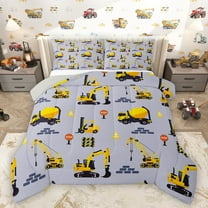 Homewish Equipment Truck Excavator Bedding Comforter Set,Construction Vehicles Twin Comforter Sets,Gray Yellow Bedding Set For Teens,Super Cozy Room Decor Reversible,2-Piece