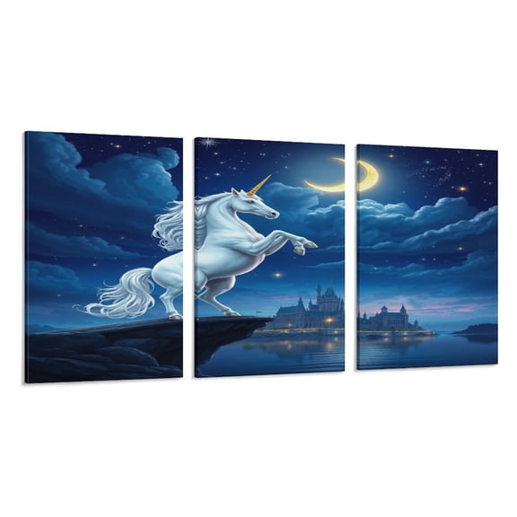RKSupls 3 Piece Canvas Wall Art Set Modern Farmhouse Living Room Decor Unicorn Moon Castle Fantasy Prints Framed Ready to Hang for Bedroom Office