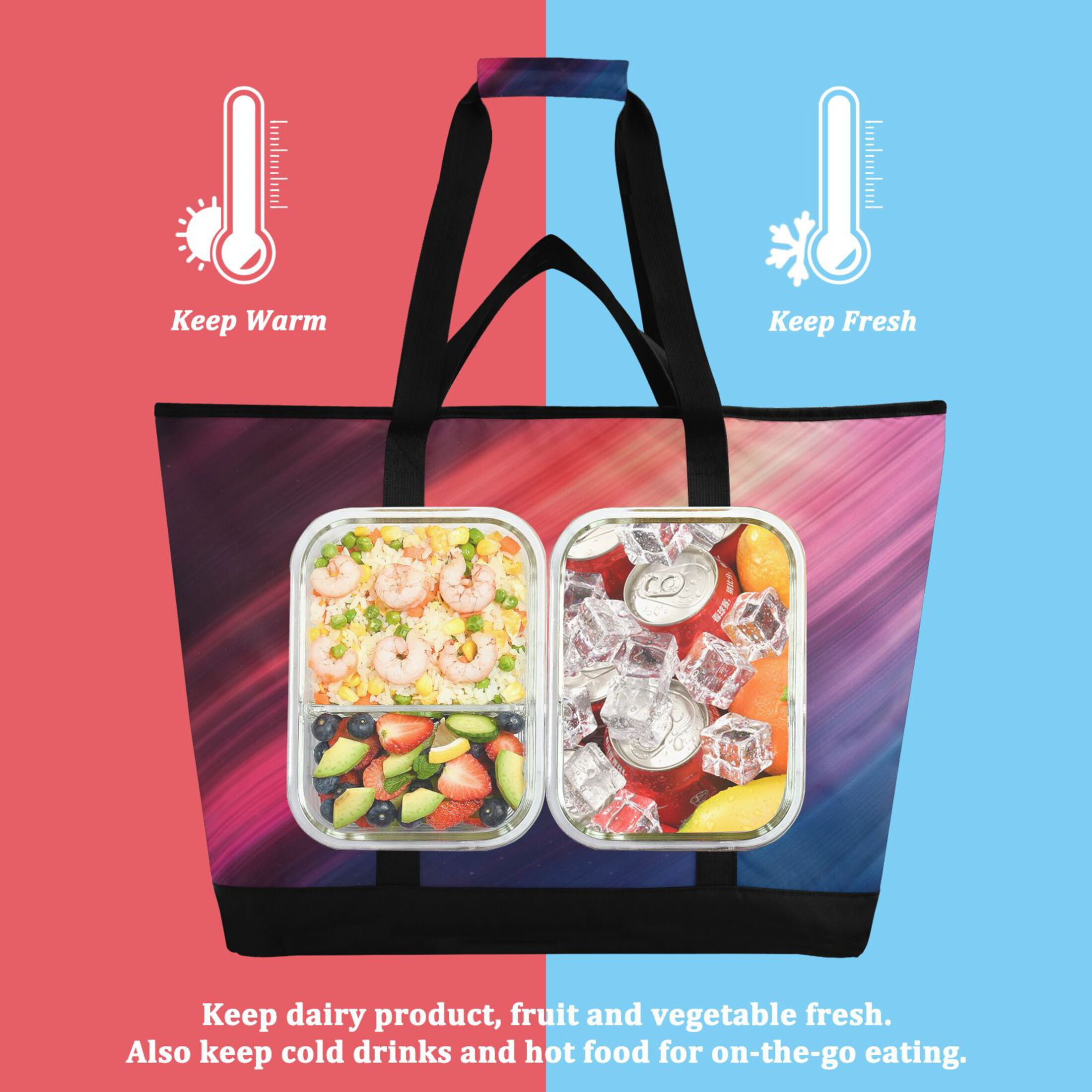 Large Hand-held Ice Pack Picnic Bag Insulation and Refrigeration Suitable for Shopping Picnics and Camping Red Blue Lines