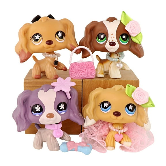 4PCS Mini Pet Cocker Spaniel Figurines Set,#716 #748 #672 #156 with Skirt Necklace Bowknot Bag Bone Miniature Decor Accessories