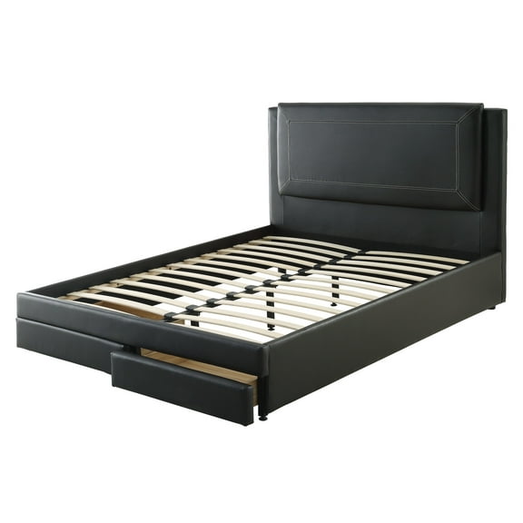Stylish Modern Black Faux Leather Queen Size Bed 1pc Bedframe Master Bedroom Furniture Storage Footboard Upholstery Headboard