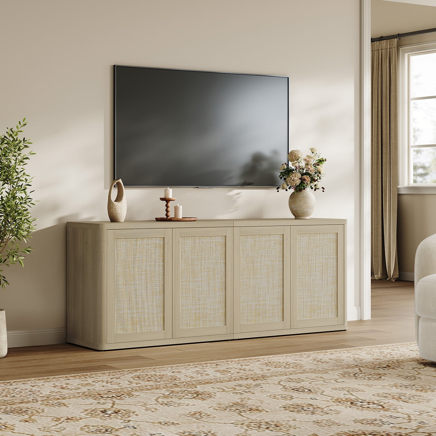 SICOTAS 64" Boho TV Stand Cabinet for TVs up to 75", Rattan TV Media Console Table with 4 Doors & 2 Adjustable Shelves, Large Curved Farmhouse Tall Entertainment Center for Living Room, Light Oak