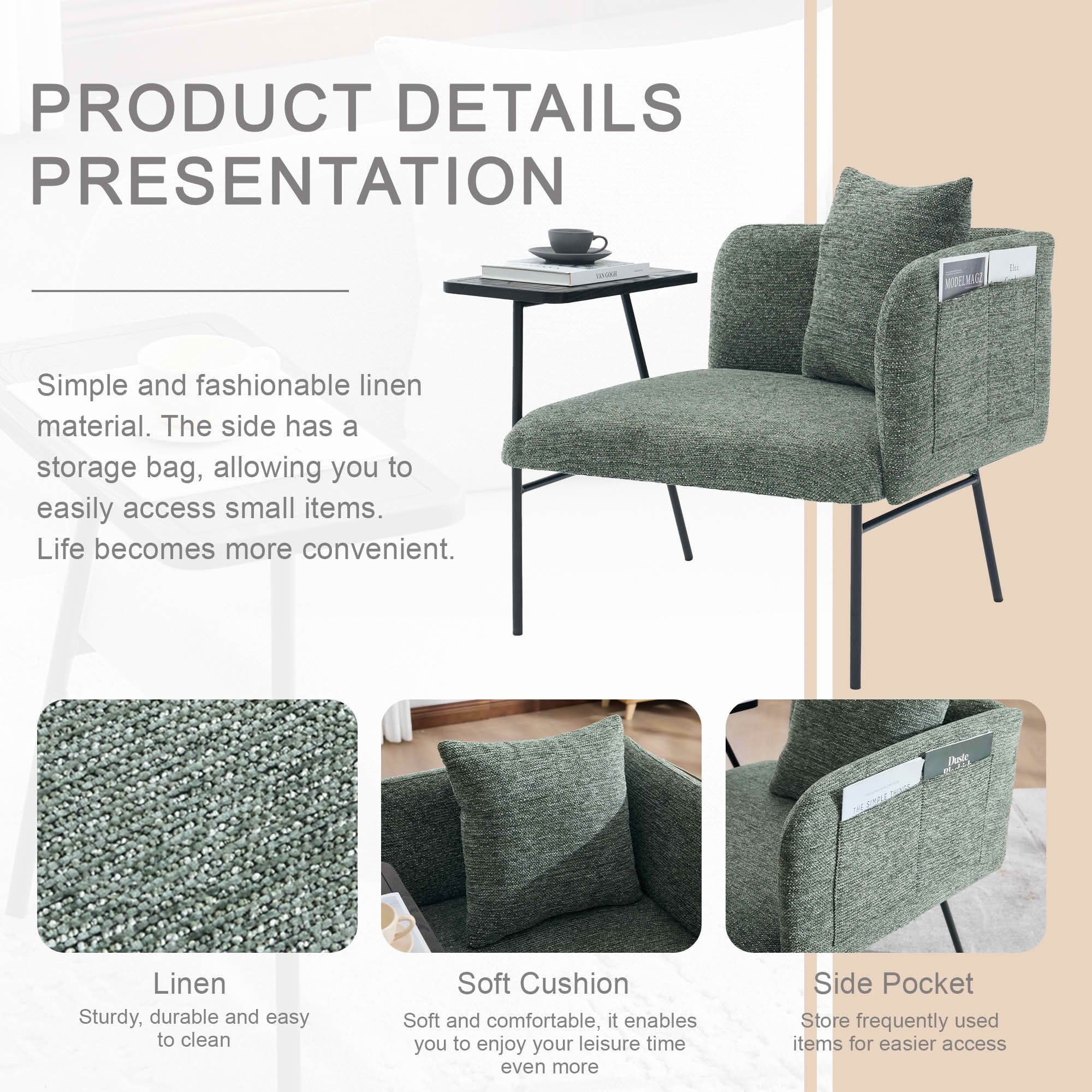 MAYEERTY Leisure Lounge Chair with Side Table & Back Pillow, Armchair, Emerald, Living Room Bedroom