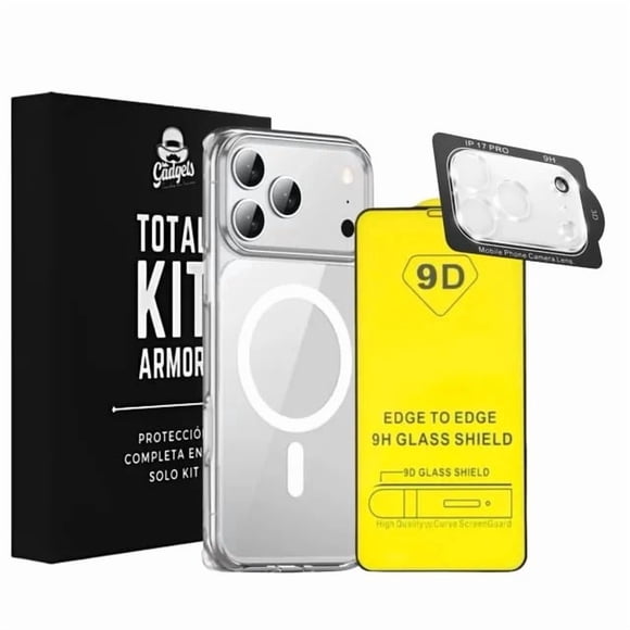 Mr. Gadgets Total Kit Armor Funda Transparente Magnética Con Animación Mica Pantalla Completa Cristal Templado 9d Mica Cámara Proteccion Para iPhone Magsafe 3 En 1 Compatible iPhone 17 Pro 2025