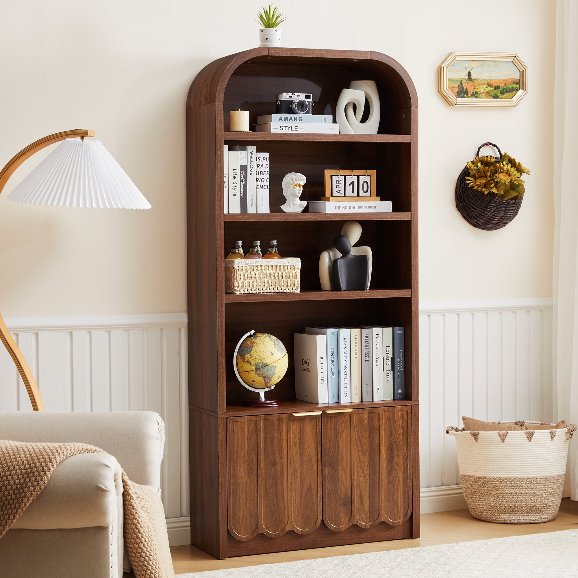 YOCWO 70" Tall Arched Bookcases with 2 Doors & 4 Shelves, Wooden Bookshelf with Wave Panel and Curved Top for Living Room Office, Walnut
