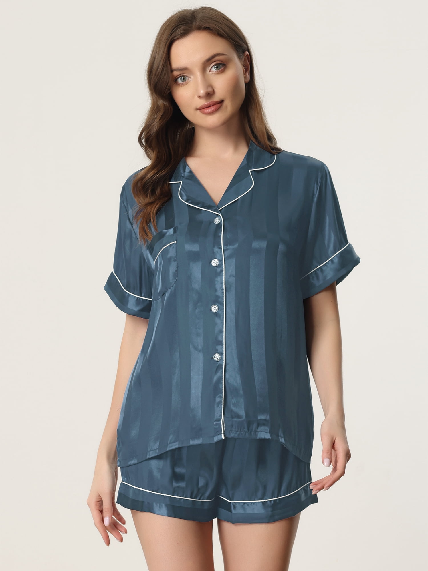 DARING DIVA Women's Satin Button Down Shirt and Shorts Pajama Set M Blue Green