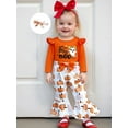 thumbnail image 3 of Miaouyo Infant Baby Girl Halloween Fall Outfits 0 3 6 9 12 18 Months Letter Print Romper with Bow Pattern Flare Pants and Bow Headband 3 Pcs Clothing Set, 3 of 9