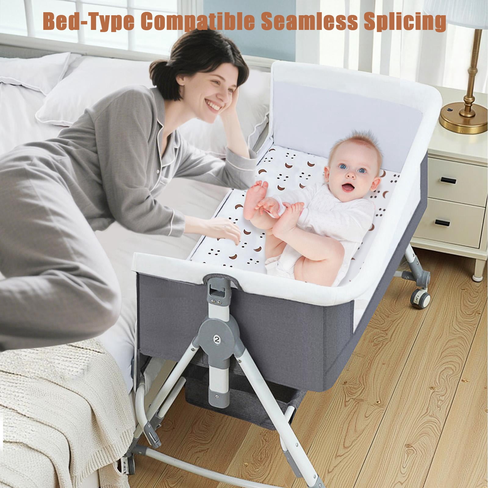 KFeng Baby Bassinet with Changing Table & Wheel,Adjustable Height for 0-36 Months,Gray