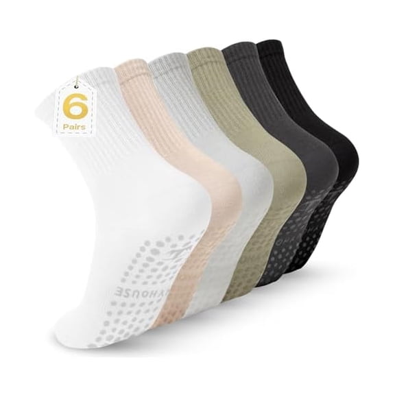 Eryueer Pilates Yoga Socks with Grips for Women - Crew Length Ballet Barre Socks - Sticky Workout Hospital Socks