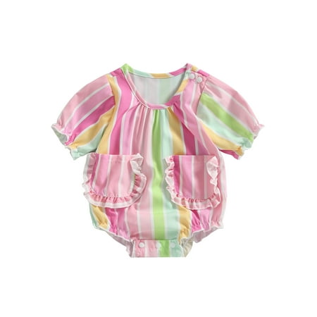 

xkwyshop Baby Girl Bubble Romper Short Sleeve Jumpsuit Bodysuit Summer Cute Striped Infant Clothes Outfits Rosy Pink 3-6 Months