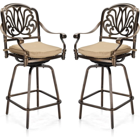 GlowPlume Outdoor Swivel Bar Stools Set of 2, Cast Aluminum Patio Bar Height Chairs, All-Weather Bar Dining Chairs Outdoor Swivel Patio Furniture (Elizabethan Back)