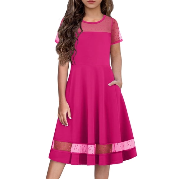 Arshiner Tween Girls Dress Formal Contrast Mesh Short Sleeve A Line Party Dresses with Pockets