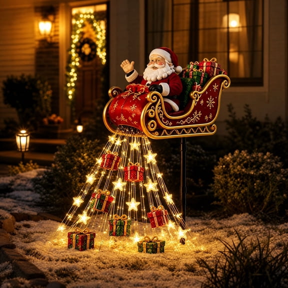 PLPPYFS Christmas Santa Cascade Solar Yard Light for Christmas Yard Decor, Warm White Cascading Garden Stake Light for Lawn Garden Pathway Front Yard and Holiday Outdoor Decor