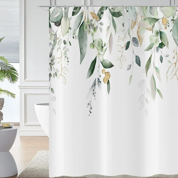 Eucalyptus Leaf Shower Curtain, Sage Green and Gold Leaves Watercolor Plants on The Top Weighted Bottom Fabric Bath Curtain for Bathroom Home Decor Waterproof Washable with Hooks, 72.00/'''' x