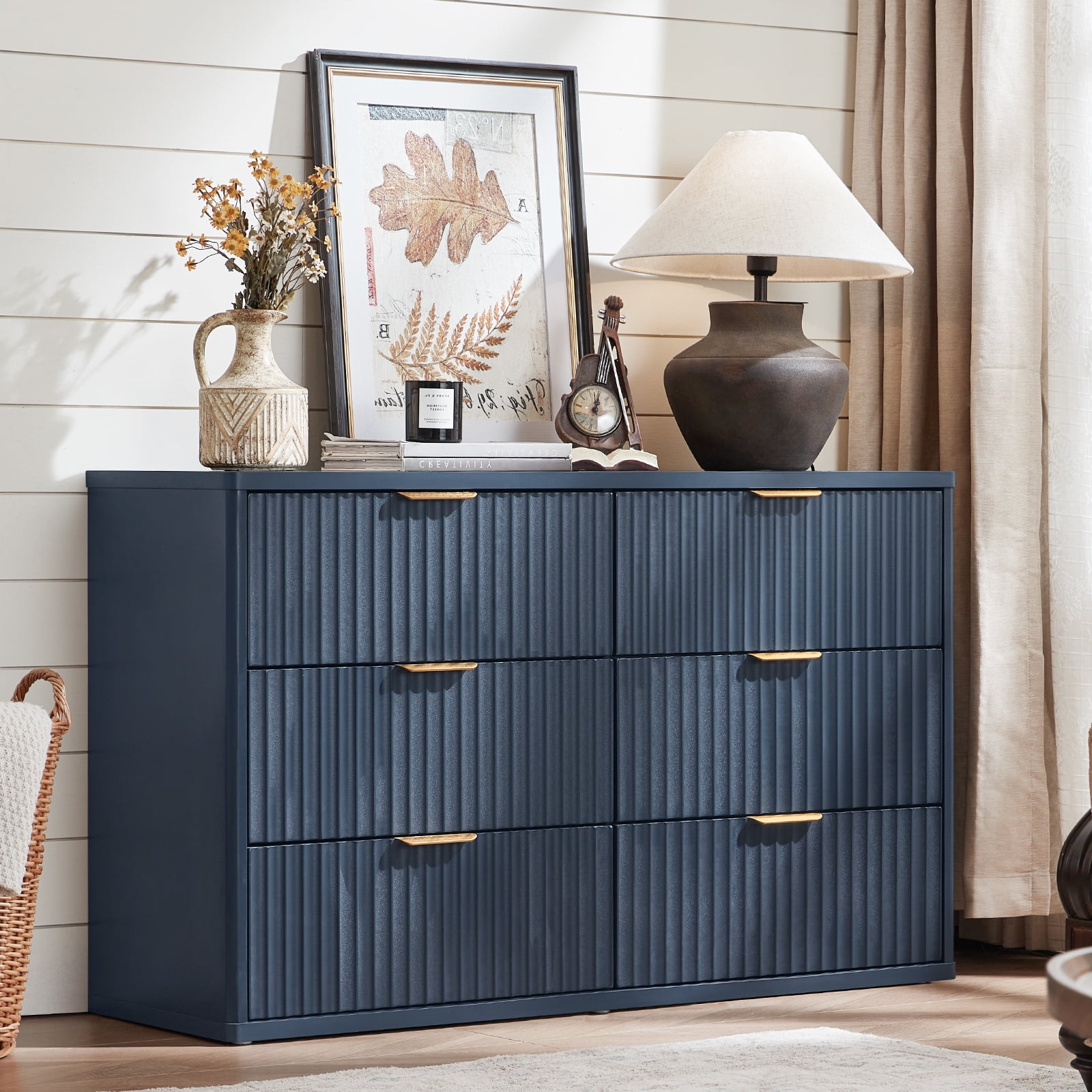 6 Fluted Drawer White Dresser, 48"H Wide Storage Cabinet with Upgraded Stable Base, Vertical Chest for Bedroom Living Room, Blue
