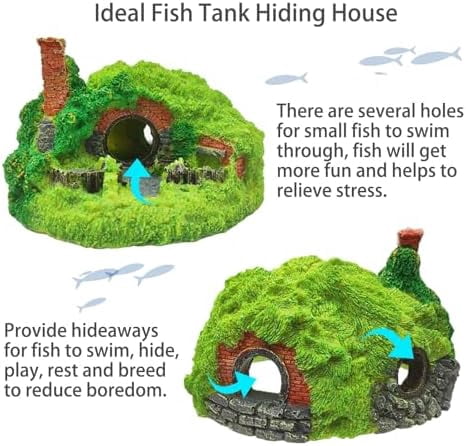 Fish Tank Hobbit Decorations,Resin Small Fish Cave Hideout House,Aquarium Decor Hide Hole Shelter Castle Ornaments Mini Garden Decorating Accessories