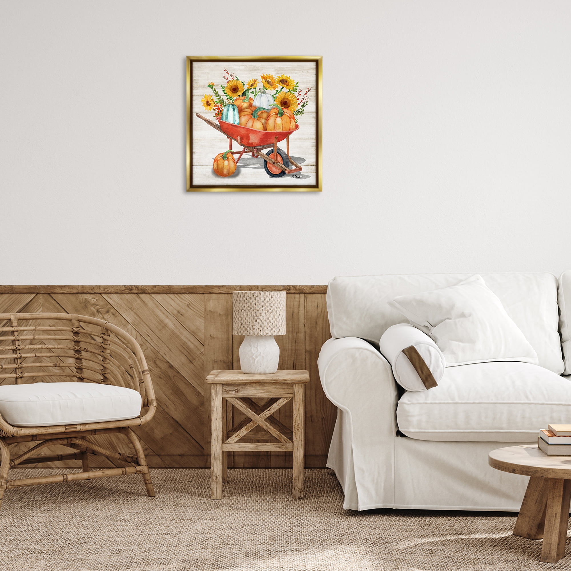 Stupell Industries Rustic Harvest Wagon Botanical & Floral Painting Gold Floater Framed Canvas Art Prints Wall Art, 25 x 25