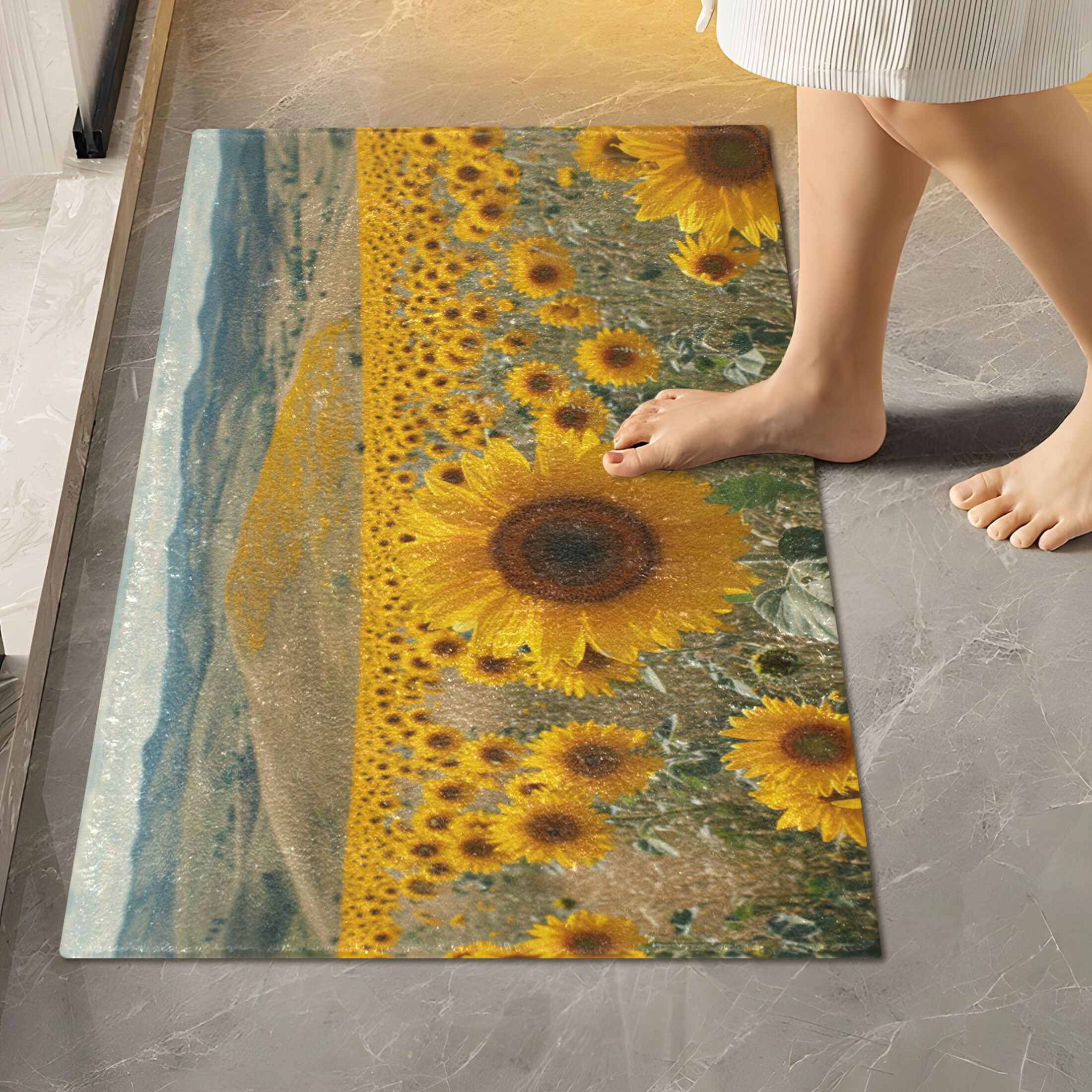 Toilet Rug Set Non-Slip Bathroom Rugs Soft Plush Machine Washable Contour Bath Mat Sunflower Sea 24x20/24x16
