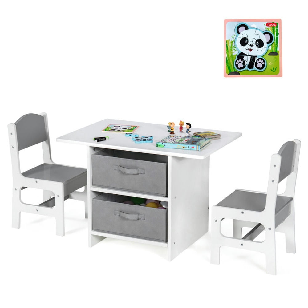 Spaco Wooden Kids Table and Chairs with Storage Baskets Puzzle, Toddler Table and Chair Set for Arts & Crafts, Snack Time, Homeschooling, Homework