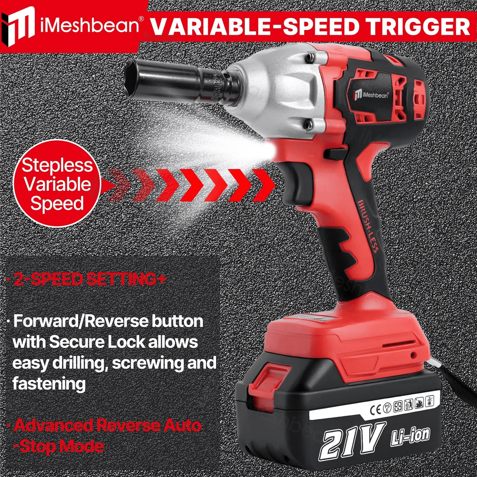 iMeshbean Cordless Electric Impact Wrench 1/2'' 600 N.m High Torque Power Driver with Battery