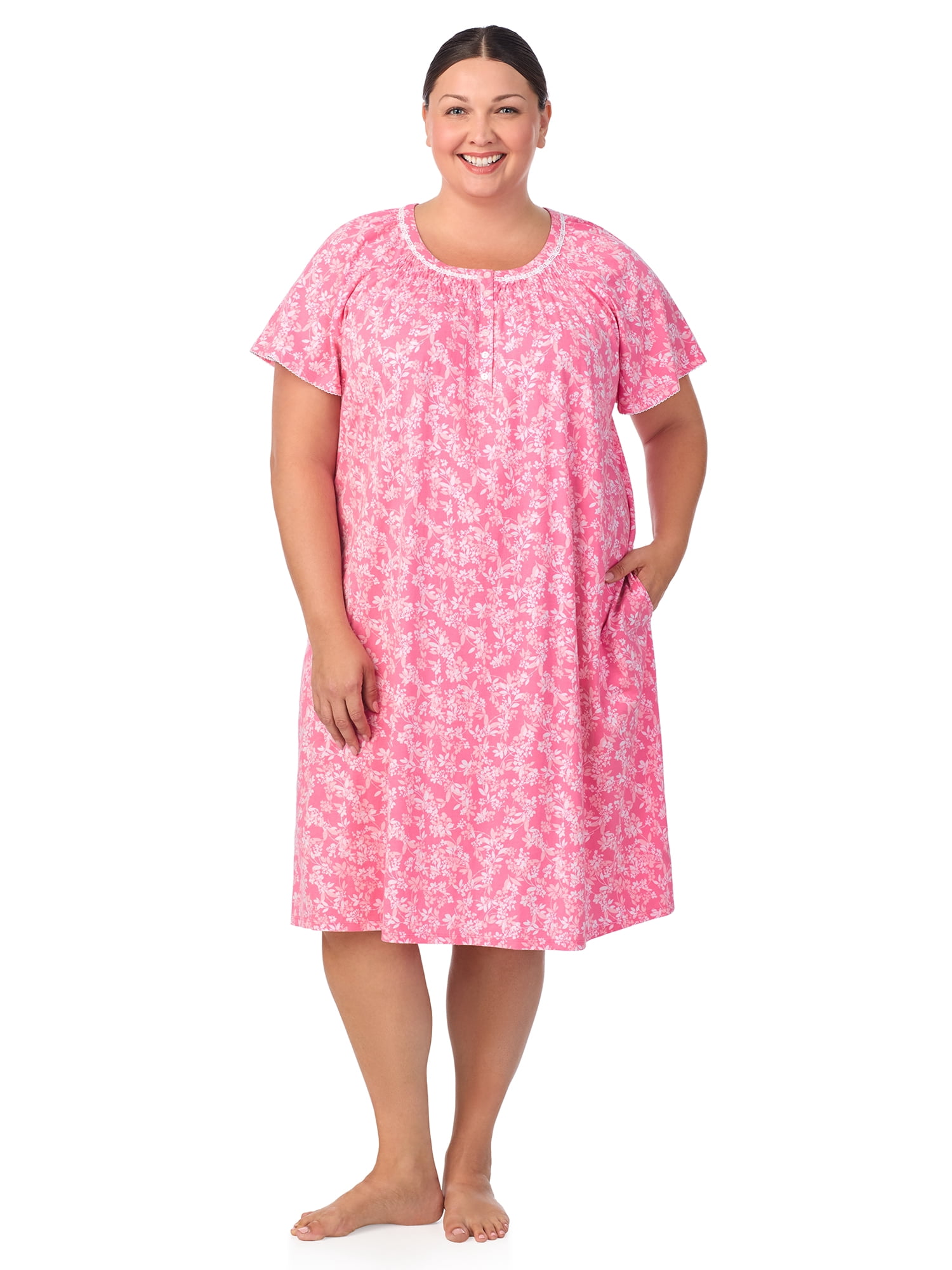 Aria Women's 100% Cotton Raglan Sleeve Smocked Neck Sleepwear 40" Gown, Sizes XS-5X