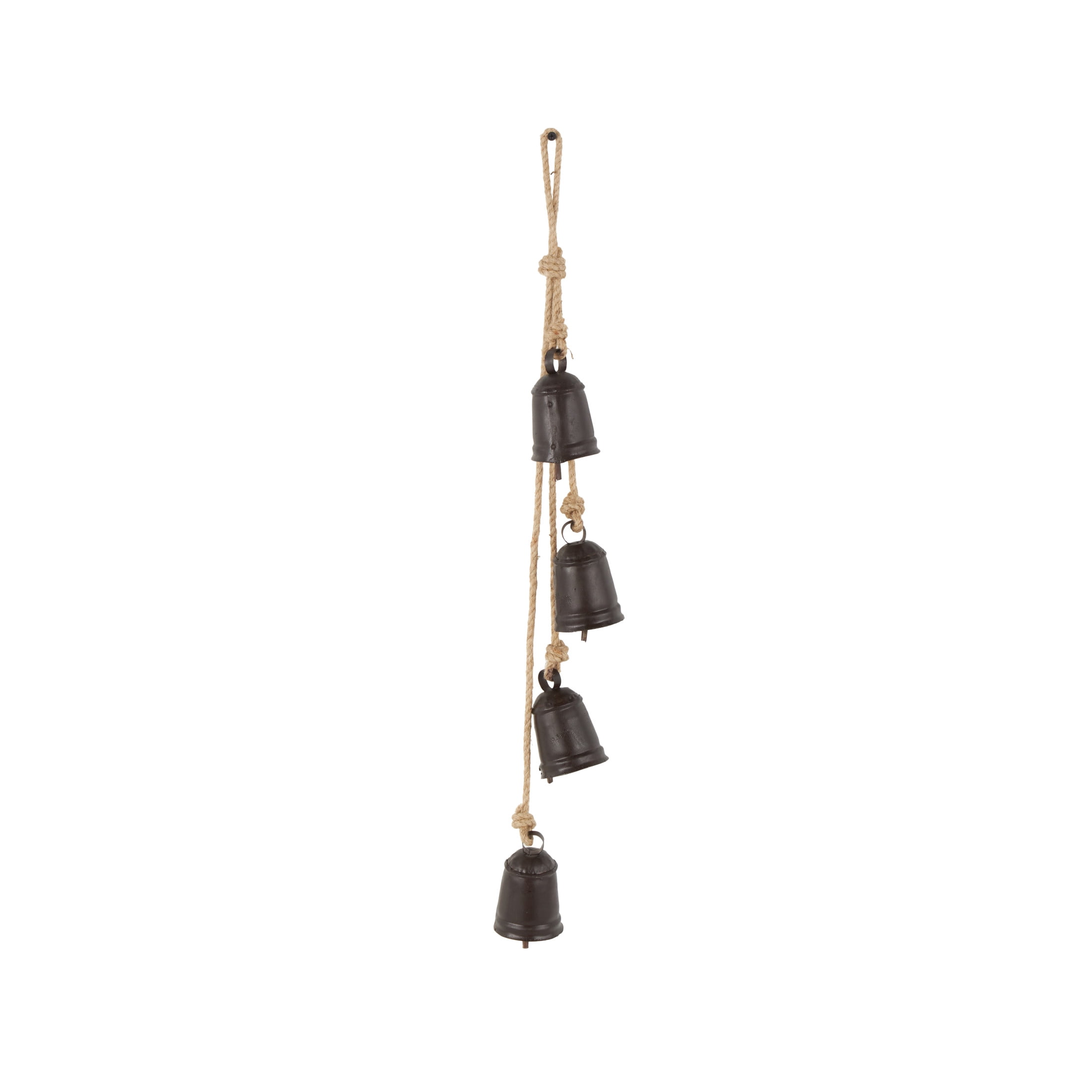 DecMode Tibetan Inspired Cascading Dark Brown Metal Cylindrical Decorative Bells with 4 Bells on Jute Hanging Rope