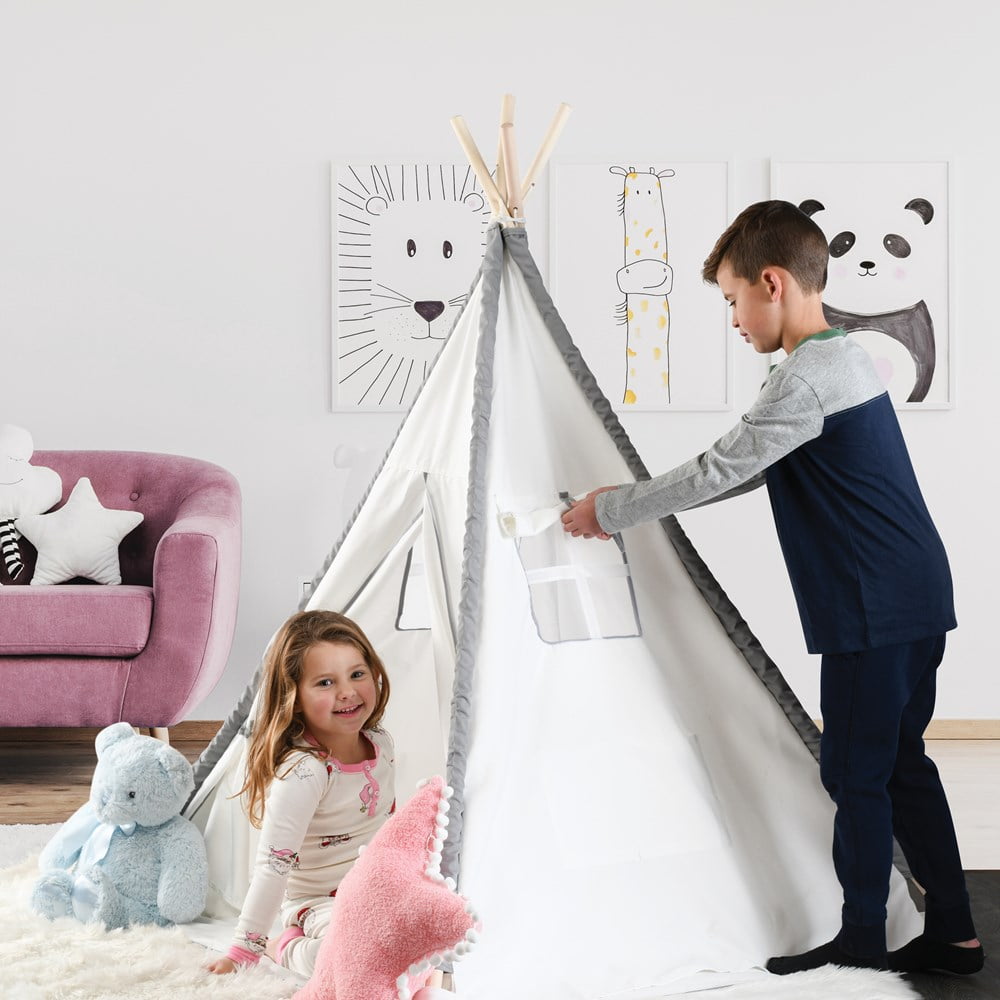 Customizable Cotton Tent Large Childrens Teepee Tents for Girls and Boys Kids Teepee Tipi Tents Indoor Outdoor Play Tent Foldable 5 Feet Tall 4 Poles Cotton Canvas White Kids Teepee Tent 